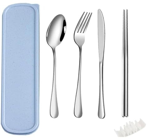 QZLSAYSL Camping Cutlery Metal,Travel Knife and Fork Set,7-Piece SetBlue | Travel Cutlery, picnic cutlery set for 1,Reusable Cutlery Box, for Work School Picnic Travel