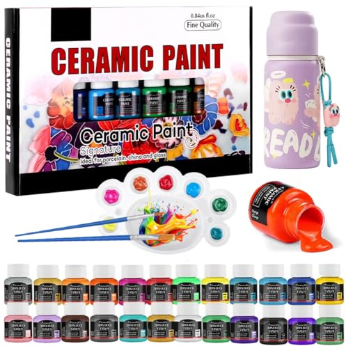Piashow Porzellanfarbe Set, 24 Stück 25ml Porzellanfarbe Spülmaschinenfest, Keramik Bemalen Set mit 2 Malpinsel & 1 Malpalette für Künstler, Anfänger, Ideal zum Tassen, Keramik, Glas