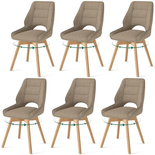 WAFTING 6er Set Drehbar Esszimmerstühle mit Massivholz Holzbeine,Braun | Nordische Stühle Esszimmer mit Ausgesparter Rückenlehne, Massivbuchenbeine Stabil Für Esszimmer, Küche, Wohnzimmer