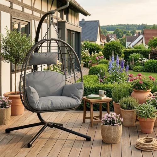 GarveeMore Hängesessel mit Gestell Outdoor & Indoor – Rattan Hängestuhl bis 130 kg belastbar – Freistehender Hängesitz (Egg Chair) inkl. Kissen & Schutzhülle für Garten, Balkon & Wohnzimmer – Grau