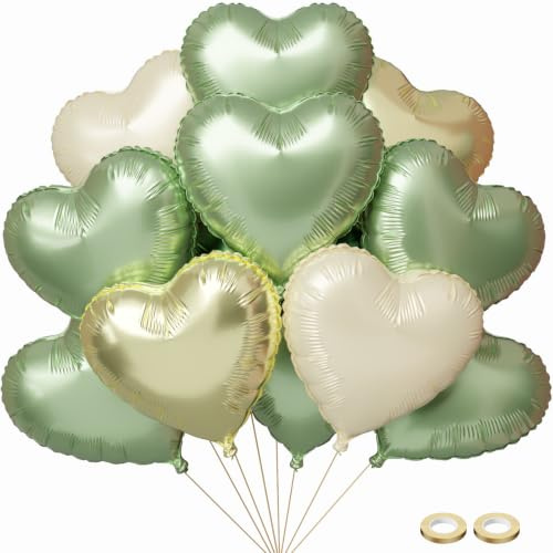 Folienballon Herz Eukalyptus Grün Gold Beige 20 Stück 18 zoll Große Olivgrüne Creme Herzballons Aluminium Herzen Luftballons für Valentinstag Hochzeit Verlobung Geburtstag Party Deko