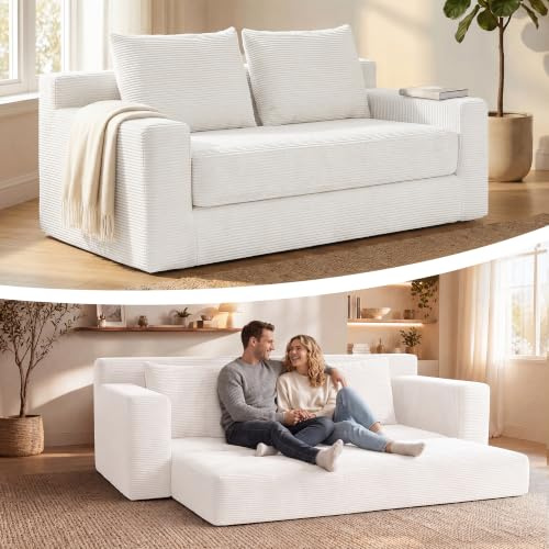 GRAVFORCR Schlafsofa klappbar Boneless Couch 188cm Beige | Bodensofa mit Pillow Back Armlehnen, Compressed Sofa Bed ohne Beine in Box, Cord Stoff für Wohnzimmer Schlafzimmer