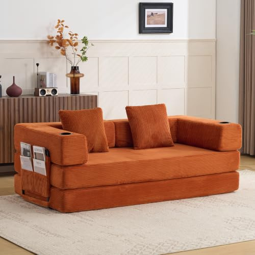 Kuczn 2 Sitzer Schlafsofa aus Corduroy, Boneless Couch mit schlaffunktion, ausklappbar zum Bodensofa, Sofa Bed mit Kissen, Getränkehalter&Seitentasche, Für Wohnzimmer und Schlafzimme