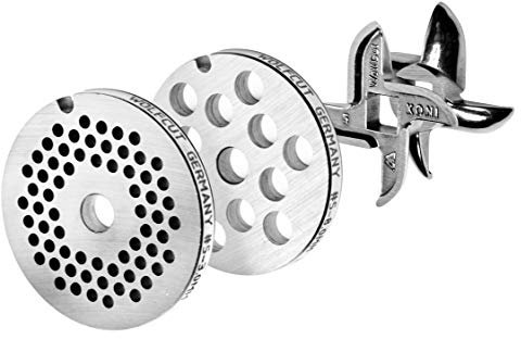 Wolfcut Lochscheibensatz kompatibel mit alle Fleischwolf Größen 5/3,0mm + 8,0mm und 1 Sichelmesser -kompatibel mit alle gängigen Fleischwölfe Größe 5 – z.B.: Bosch MUM4/...