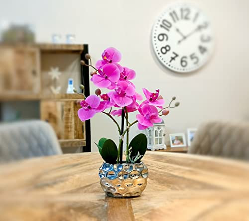 DECOLINE Künstliche Orchidee 33cm - Blüten lila - Keramik Übertopf Silber