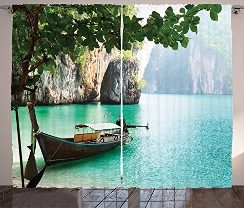 ABAKUHAUS Tropisch Rustikaler Vorhang, Welt Seascape Shore, Wohnzimmer Universalband Gardinen mit Schlaufen und Haken, 280 x 225 cm, Grün Aqua