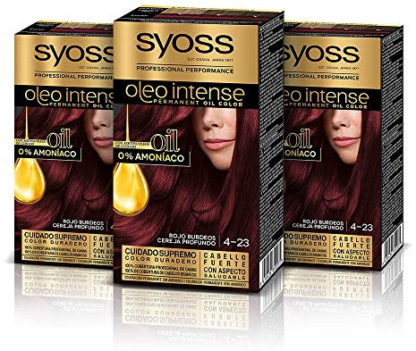 Syoss Oleo Intense - Tinte 4-23 Rojo Burdeos – Coloración permanente Sin Amoníaco – Cobertura profesional de canas – Resultados de peluquería (Pack De 3)