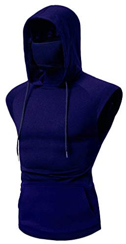 Xniral Mens Herren Pullover mit Gesichtsschal Einfarbig Ärmellos Kurzarm-Kapuzenpulli Tops zum Karneval (3XL, Dunkelblau-Ärmellos)