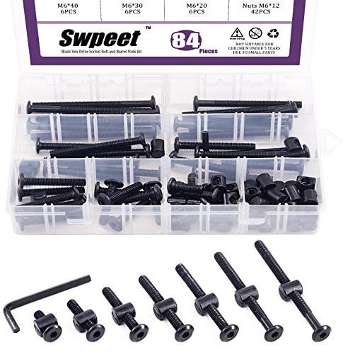 Swpeet - Kit di viti per culla con attacco esagonale, 120 pezzi, M6 × 20/30/40/50/60/70/80 mm, per culla e bulloni, con 1 chiave a brugola, perfetto per mobili, culle, viti per culle