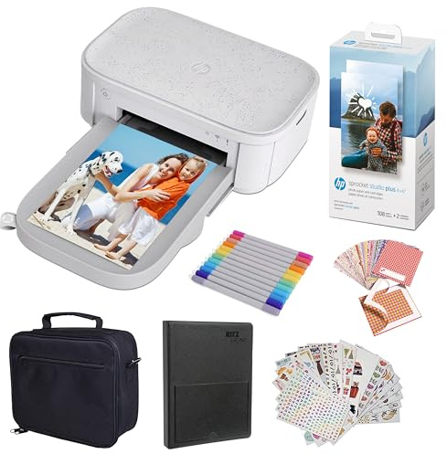HP Sprocket Studio Plus 4x6 (10.2x15.2 cm) Wireless Instant Photo Printer, Wi-Fi, Premium Dye-Sub, Vibrant Color Pictures, Bundle: Photo Album, Case, Photo Paper and Stickers, White