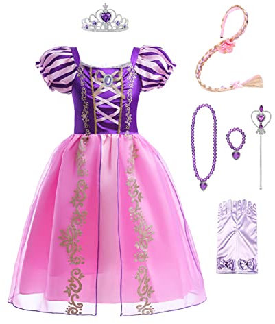 Lito Angels Deguisement Robe Costume Princesse Raiponce avec Accessories Enfant Fille, Taille 7 ans (étiquette en tissu 07), Manches Bouffants
