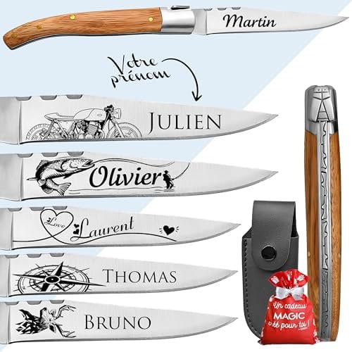 KDO MAGIC - Couteau personnalisé - Manche en frêne - Cadeau Fête des pères - Cadeau Homme, papa, papy - Couteau personnalisable - Idée cadeau Homme - Lame gravée avec un prénom - Personnalisable