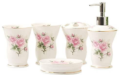 Tauzveok Ensemble d'accessoires de Salle de Bain 5 pièces, Distributeur de Savon, Porte-Brosse à Dents, gobelet de Salle de Bain, Porte-Savon décor de Salle de Bain,Rose
