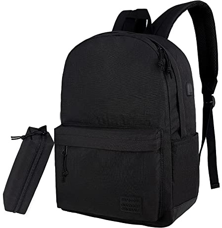 SUPACOOL Lightweight Casual Laptop Backpack with USB Charging Port For for Men and Women, Backpack for College,black and pencil case
