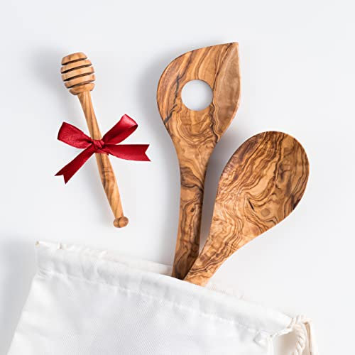Darido Set di utensili da cucina in legno d'ulivo - circa 30 cm - fatti a mano, resistenti al calore e ai graffi - cucchiai in legno, cucchiaio da risotto con agitatore per miele in regalo