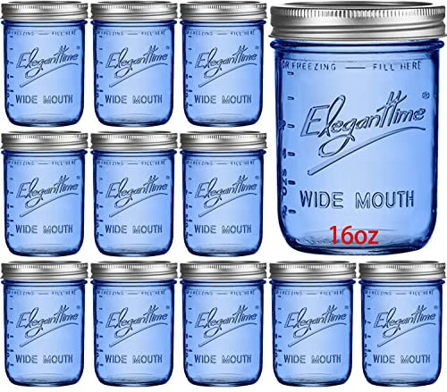 eleganttime 473 ml blaue Einmachgläser mit Deckel, 12 Stück breite Öffnung, luftdichte Glasbehälter, Aufbewahrung, Einmachen, Einlegen, Heimdekoration, Hafer, Obstkonserven, Marmelade oder Gelee