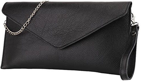 SH Leder Echtleder Clutch Umhängetasche kleine Tasche elegant Abendtasche in genarbt Rindleder mit Tragkette 31,5x16,5cm Saya G369 (Schwarz)