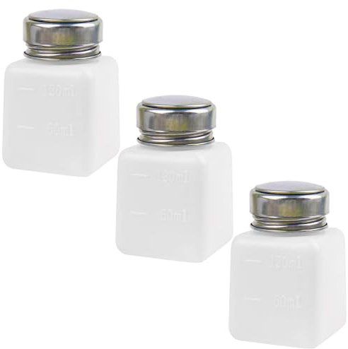 AUEAR, Push Down Alcohol Dispenser Pump Methanol Container Square Plastic Liquid Press Bottles (White, 3 Pack, 120ml)