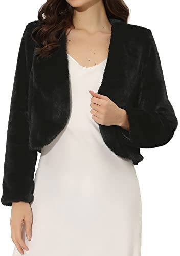 Allegra K Damen Langarm Kurze Jacke Kunstpelz Offen Front Crop Fell Hochzeits Braut Winterjacke Schwarz M