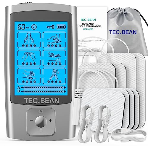 TEC.BEAN Dual Channel TENS Machine for Pain Relief, TENS Unit Muscle Stimulator with 24 Modes, 8pcs TENS Machine Pads Replacement