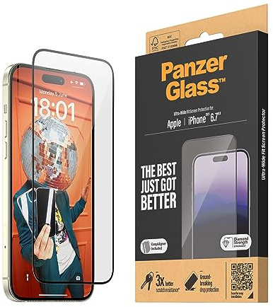 Panzer Glass UltraWide Displayschutzfolie kompatibel mit iPhone 15 Plus 2023 6,7 Zoll – transparent mit schwarzem Rahmen