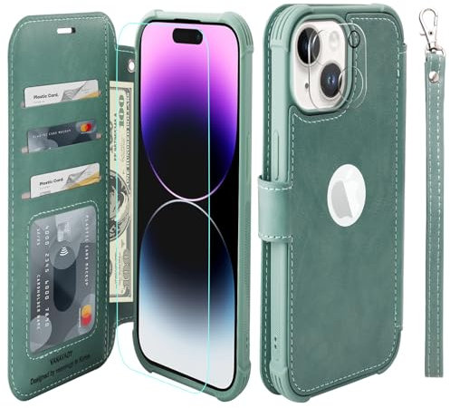 VANAVAGY Compatible with iPhone 15 Wallet Case,Rfid Flip Leather Cover with Wrist Supports Wireless Charging with Card Holder,[Glass Screen Protector and Camera Cover],Forest Green