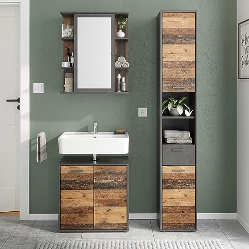 Lomadox Badezimmer Set 3-teilig in grau mit Betonoptik und Altholzoptik | 1 Spiegelschrank, 1 Waschbeckenunterschrank, 1 Hochschrank
