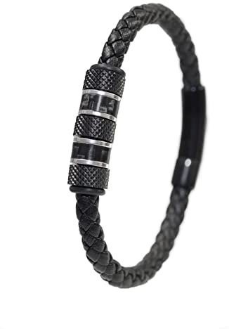 David Galvani ® |Handmade Premium Armband für Herren in Schwarz aus Leder| Beads aus Edelstahl und Carbon Kohlenstoff |21cm Lederarmband Schmuck für Männer (Schwarz, 23)