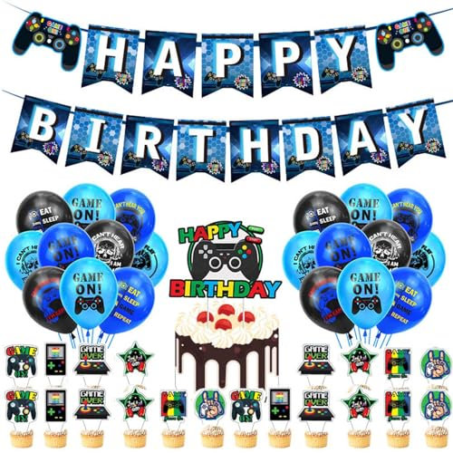 Videospiel Geburtstagsdeko,34 Stück Deko Geburtstag Junge Videospiel Party Dekoration,Gamer Deko Kindergeburtstag mit Happy Birthday Banner für 5 6 7 8 9 Jahre alte Jungen