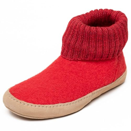 Gottstein Hüttenschuh Dakota aus Mulesing-freier Schaf-Schurwolle – Handgefertigte Hausschuhe aus Wollfilz für Damen & Herren Größe EU 36-47 – Mit hohem Strickbund & gepolsterter Ledersohle Rubin, 38