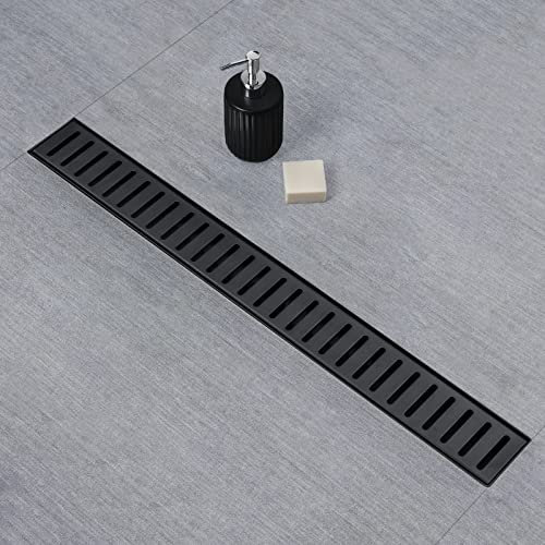 SaniteModar Linearer Duschablauf, 81,3 cm, schwarzer Duschablauf mit abnehmbarem Kapselmuster-Rost, 304 Edelstahl, Duschablauf inklusive Haarsieb, verstellbare Nivellierfüße
