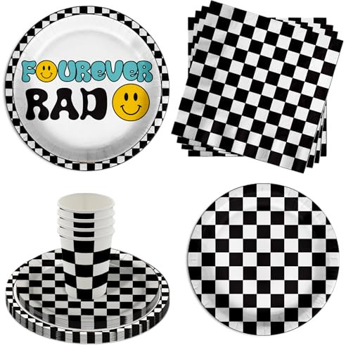Fourever Rad Smiley-Gesicht 4. Geburtstag Partyzubehör – 64-teiliges Geschirr-Set für Jungen mit großen 22,9 cm großen Speisetellern und 20,3 cm Dessert-Papptellern, Servietten, Tassen – Set für 16