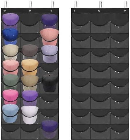 BiCINE Baseball Hat Rack, 24 Pocket Over The Door Cap Organizer with 3 Hooks, Cap Hat Holder Hanger For Closet With Large Clear Pockets, Hat Storage to Protect and Display, Black - 1 Pack