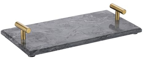 BSTKEY Natural Marble Serving Tray Bathroom Vanity Tray, Decorative Rectangular Napkin Holder Paper Guest Towel Holder Countertop Tray Plate with Handles (Black)