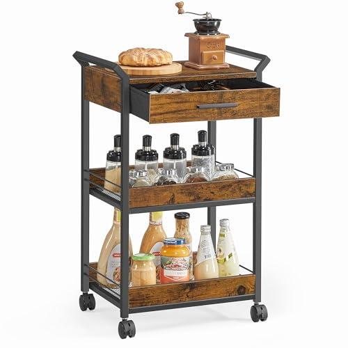 VASAGLE Storage Cart, 3-Tier Rolling Utility Cart with Table Top