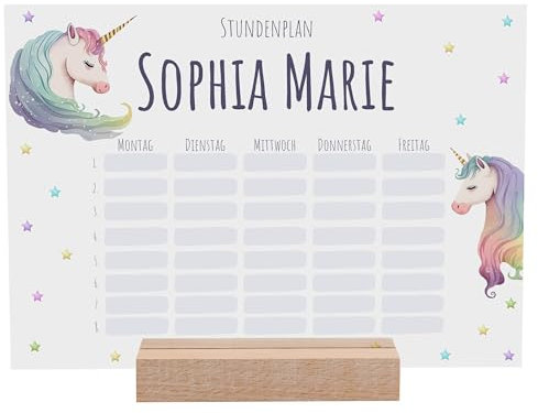 Stundenplan abwischbar personalisiert mit Namen + Holzhalter und Stift - DIN A4 - Geschenke für die Einschulung - Einschulungsgeschenk Mädchen - Schulstart - Einhorn geschenke für Mädchen