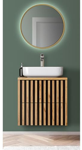Lomadox Badezimmer Komplett Set in Eiche Nb. Fronten mit Lamellen, 2 Hochschränke, LED Spiegel, B/H/T: ca. 170/200/45,5 cm