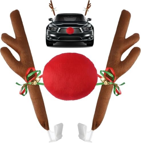 Queryifv Rentier Auto, Auto Rentier Kostüm Auto Weihnachtendeko mit Geweih, Auto Deko Weihnachten, Auto Rentiergeweih Rudolf für Auto, Weihnachtsschmuck Auto