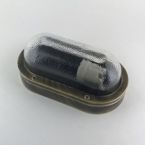 Licht-Erlebnisse Ovalleuchte Außenlampe Kellerlampe Messing Glas E27 IP64 23 cm breit Antik Maritim Wandleuchte Feuchtraumleuchte