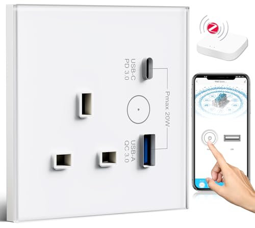 BSEED ZigBee Socket 1 Gang with USB and Type C Compatible with Alexa and Google Home, Timer Socket With APP Remote Control Compatible with Smart Life, Smart Socket 13A White(Gateway Hub Needed)