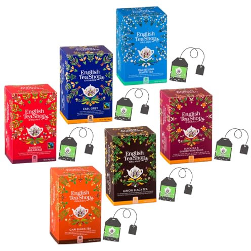 English Tea Shop | Collezione Tè Neri BIO: English Breakfast, Earl Grey, Tè Chai Spezie, Tè Darjeeling, Nero Limone, Nero Pesca Zenzero - 120 Filtri