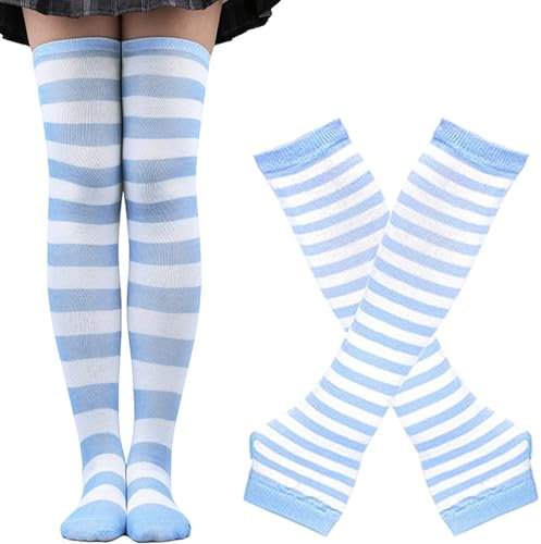 YeeHeen Womens Knee High Socks Arm Warmer Fingerless Gloves Set Long Knitted Gloves Socks Set Light Blue White