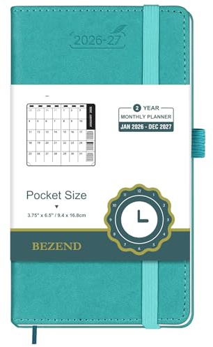 BEZEND Pocket Diary 2026-2027 Month to View Hardback Slim 16.8 x 9.5 cm | 2-Year Monthly Planner (Jan 26-Dec 27), Note Pages, 100 GSM Paper, Back Pocket, for Travel & Work, PU Leather, Turquoise