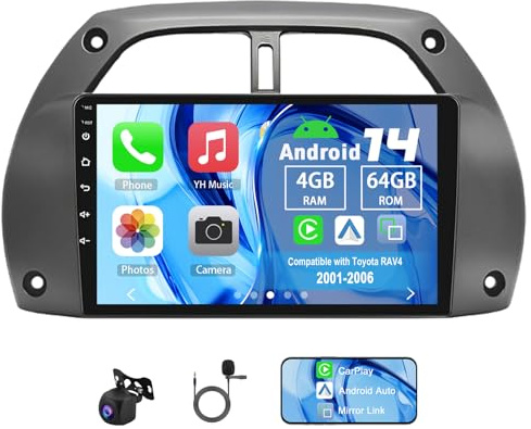 Slakerbe Android 14 Autoradio 2 Din mit Carplay Android Auto kompatibel mit Toyota RAV4 2001-2006, 4G+64G 9 Zoll Auto Radio Stereo mit Bluetooth Navi WiFi FM RDS Rückfahrkamera Mic