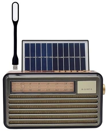 Radio Solar Am FM Bluetooth, con Ranura para Tarjeta TF Reproductor MP3, Entrada Auxiliar, LUZ DE LED, Radio Portátil Recargable por USB, Camping, Aire Libre con Pila Recargable