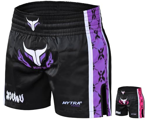 Mytra Fusion Short Muay Thai Femme Coupe Ajustée – Short Court pour Cage Fighting, MMA, Kickboxing, Entraînement, Grappling et Arts Martiaux (Noir/Violet, XS)