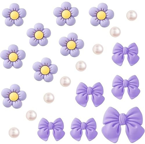 Boyfriend Voodoo Dolls Cute Flower Bow Shoe Charms For Girls Women 24Pcs Shoe Charms With Pearl Resin Flower Accessories For Decoration Perfect Birthday Bending Dolls (Purple, 12X10X2cm)