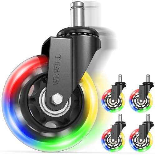 WEWILL RGB Bürostuhlrollen 3 Zoll, 11 x 22 mm, 5er-Set, nicht für IKEA | Selbstleuchtend beim Rollen, 4 RGB-LEDs je Rolle, Doppelkugellager, bodenschonendes PU, bis 325 kg, ohne Batterie