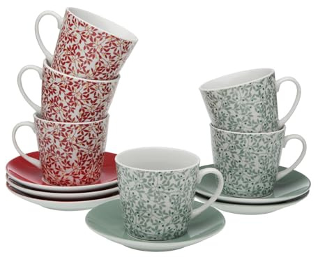 Versa Set de 6 Tazas de té con Plato Nina, Medidas (Al x L x An) 10,5 x 8 x 6 cm, Color Rojo