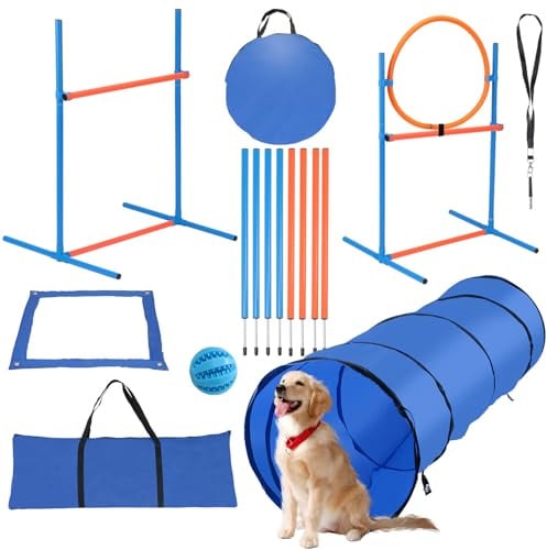 Hebitod Agility-set för hundar, 5-delat set Agility-utrustning för hundar, Slalom, Agility-hinder, hoppring & hundtunnel, 8 slalomstänger, bolle, visselpipa, bärväska, hundparcour, hundsport